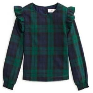 Vineyard Vines Apres Tartan Plaid Ruffle Top sz M Girls Green Blue Plaid Top